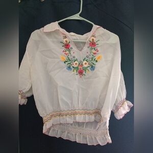 Hand Embroidered white Floral Top with collar elastic waist